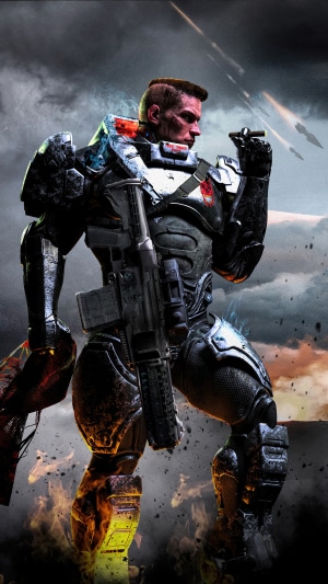Soldier in futuristic armor with a rifle