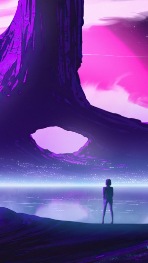 Synthwave artwork of a lone figure overlooking a neon landscape