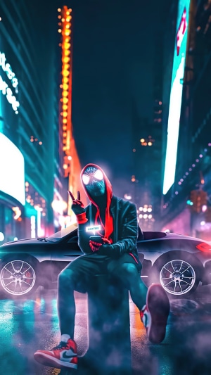 Miles Morales from Spider-Verse sitting by a car in a neon city
