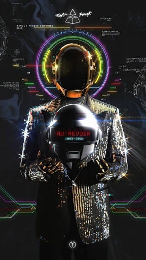 Daft Punk with helmets and "Au Revoir" message