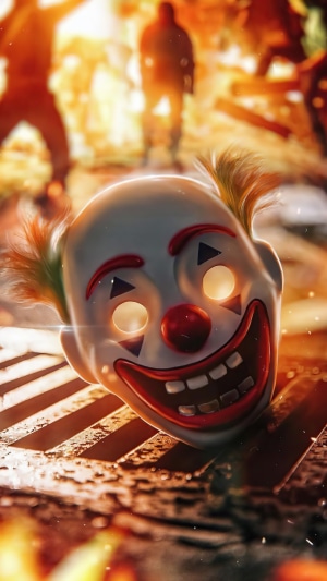 Joker mask on a grate with blurred figures in background