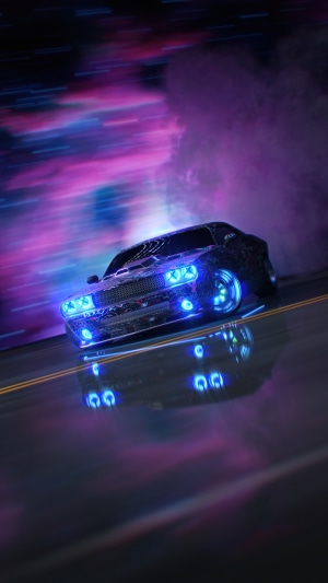 Dodge Challenger with neon lights on a road