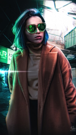 Sci-fi artwork of a woman with blue hair and sunglasses