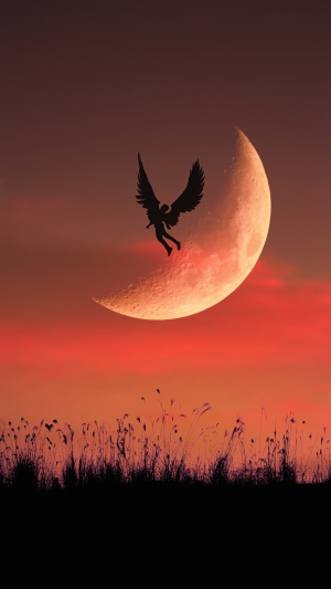 Angel silhouette flying near a crescent moon