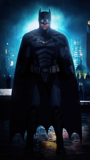 Batman in a dark city at night