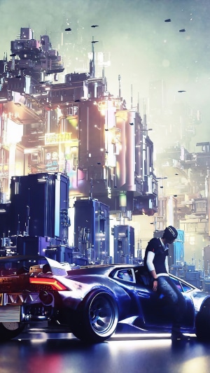 Man leaning on a futuristic Lamborghini in a cyberpunk city