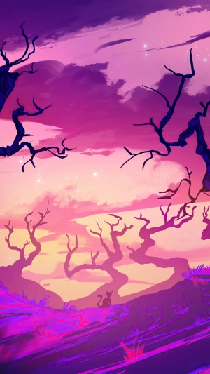 Cat sitting on a hill with bare trees and a purple sky