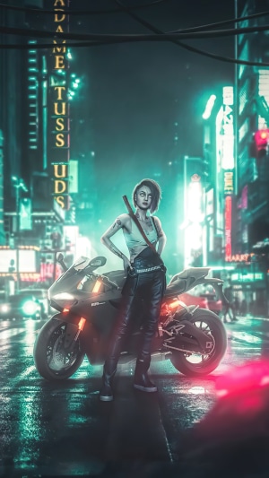 Woman with sword and motorcycle in cyberpunk city