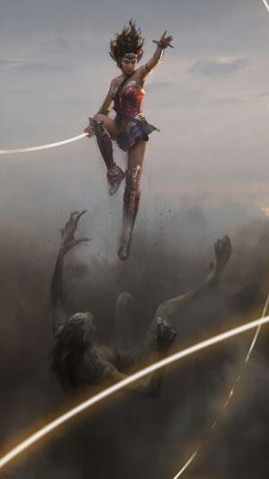 Wonder Woman fighting monsters in the sky