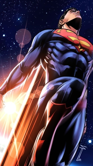 Superman flying in space with stars and light