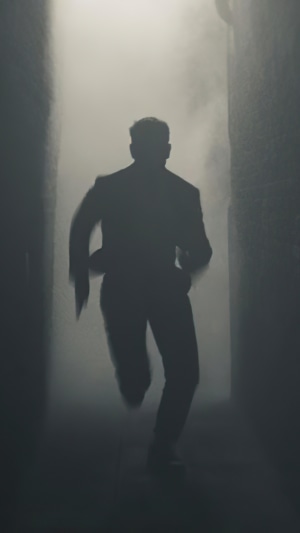 Man in suit running through smoke