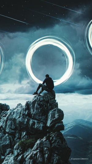 Man sitting on a mountain peak with glowing rings in the sky