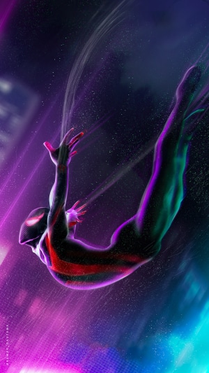 Miles Morales from Spider-Man falling through a neon city