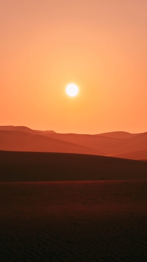 Desert dunes at sunset with sun