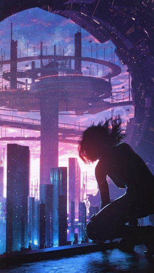 Cyberpunk Cityscape with Crouching Figure