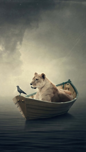 Lion and bird in a boat