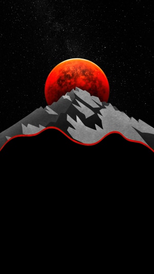 Minimalist Artwork of a Red Sun Over Mountains