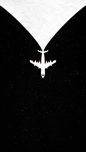 Minimalist airplane flying in starry night sky