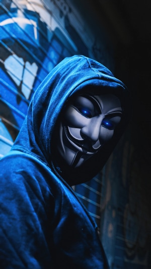 Anonymous Mask in Blue Hoodie with Glowing Eyes