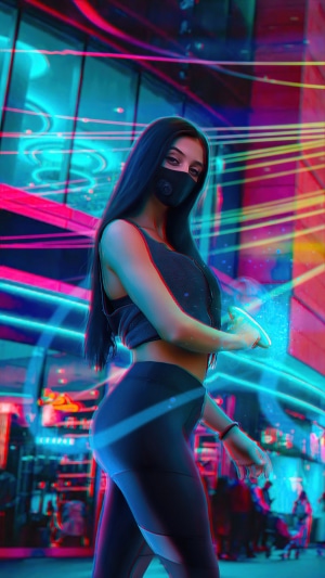 Woman in mask and athletic wear in neon city