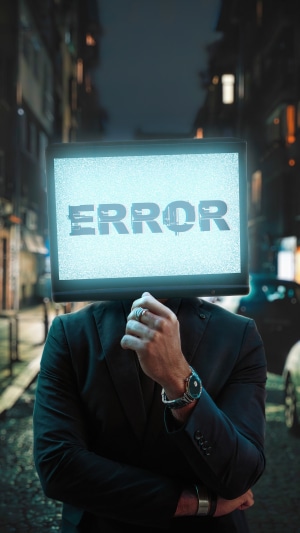 Man with TV screen head displaying ERROR