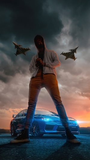 Man in mask with fighter jets and sports car