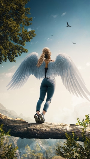 Angel with white wings standing on a log