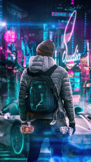 Man with backpack in cyberpunk city 4K