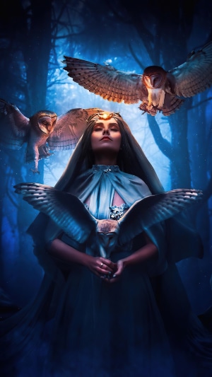 Woman with Owls in a Dark Forest 4K