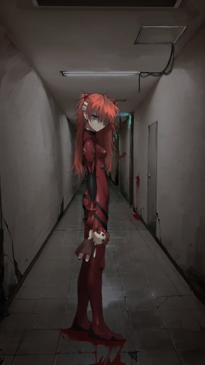 Asuka Langley Soryu from Neon Genesis Evangelion holding a doll