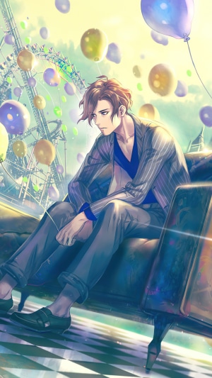Man sitting on a couch with balloons and a Ferris wheel