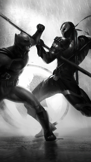 Batman and Deathstroke fighting in monochrome 4K