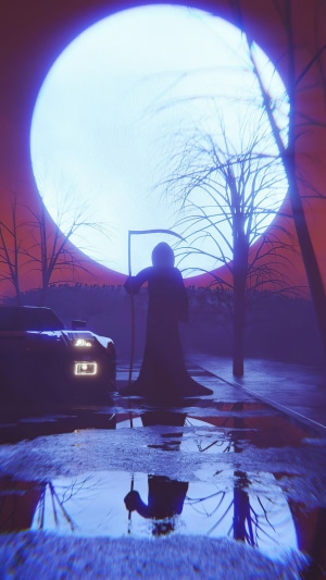 Grim Reaper with a car and a large moon