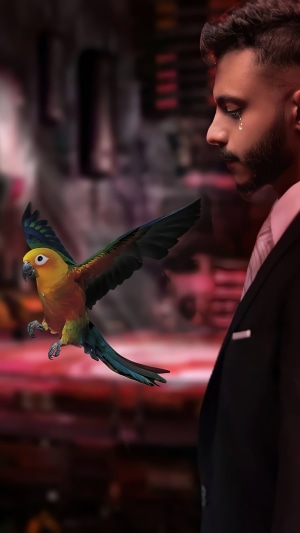 Man with a parrot, digital art 4K