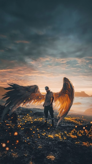 Man with large angel wings on a rocky landscape at sunset