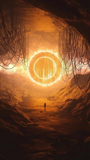 Man standing before a glowing portal in a canyon
