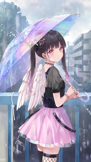 Anime girl with umbrella in the rain