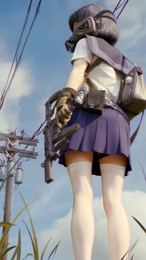 Anime girl with gas mask and rifle