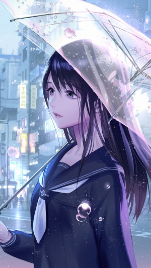 Anime girl with umbrella in rainy city