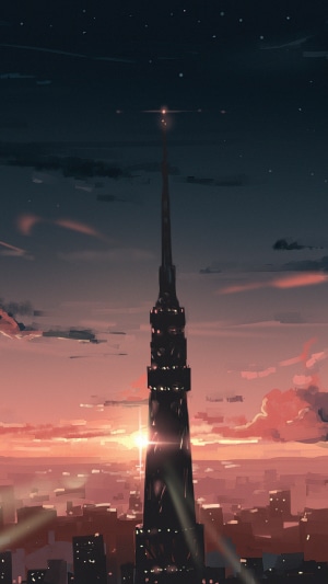 Anime cityscape with a tall tower at sunset