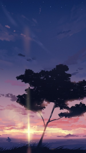 Anime landscape with tree at sunset 4K