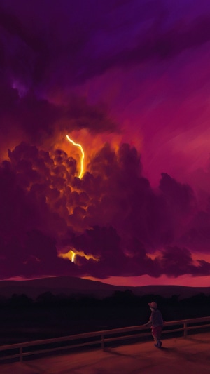 Digital art of a storm with lightning and a person