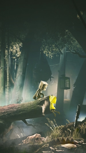 Mono and Six from Little Nightmares in a dark forest