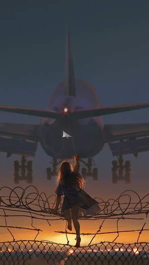 Girl throwing paper airplane at airplane