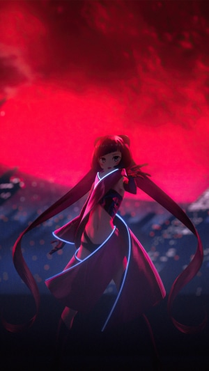 Anime girl with red ribbons and blue accents
