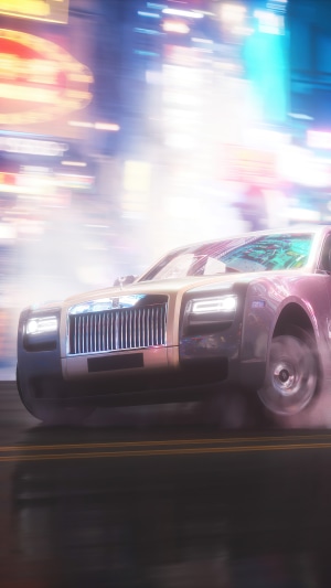 Rolls-Royce car drifting in a neon city at night