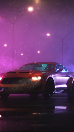 Ford Mustang in a rainy, neon-lit city