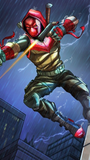 Red Hood in the rain with lightning