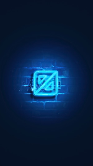 Blue neon logo on brick wall
