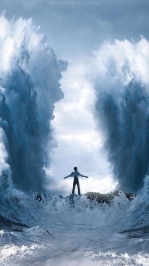 Man standing between parting waves